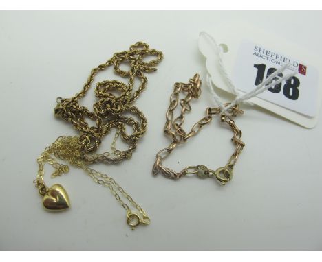 A 9ct Gold Ropetwist Chain, (broken); a dainty heart pendant on chain, a bracelet. 