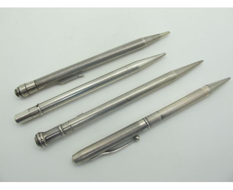 Hallmarked Silver and Other Pencils, including engine turned decoration. (4)