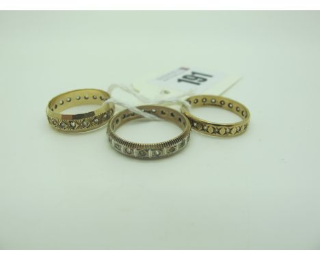 A 9ct Gold Eternity Band, (stone missing) (finger size N); together with two further eternity bands (M, P), stamped "9" (6.7g
