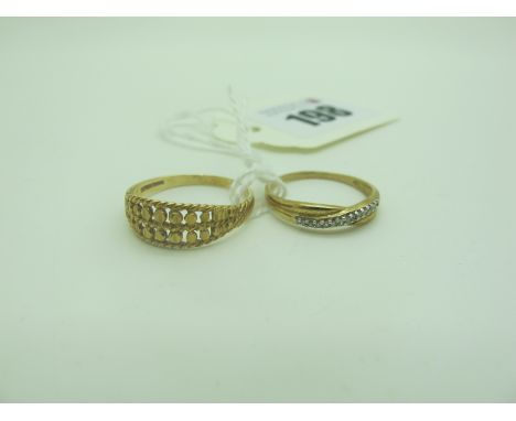 A 9ct Gold Diamond Set Band Ring, inset crossover design to the front (finger size K1/2); together with another 9ct gold ring