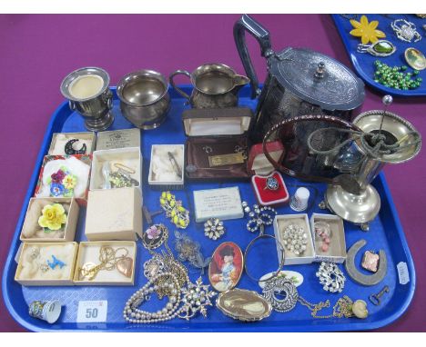 Vintage and Later Costume Jewellery, plated teapot, a jug and sugar bowl, a 9ct gold pendant, ropetwist chain stamped "9ct", 