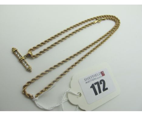 A 9ct Gold Ropetwist Chain, suspending bar pendant with channel set detail stamped "375" (overall weight 4grams). 