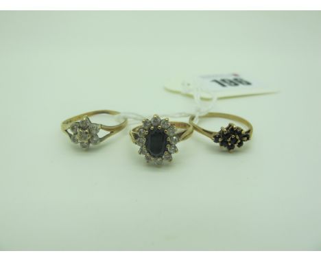 A 9ct Gold CZ Cluster Dress Ring, (finger size I); together with two further 9ct gold cluster rings (overall weight 4.5grams)