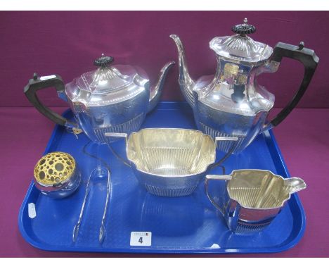 A Decorative Walker &amp; Hall Plated Four Piece Tea Set, each semi reeded with foliate engraved decoration, together with  p