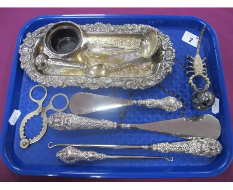 Hallmarked Silver Handled Shoe Horns and Button Hooks, together with novelty plated pepperette, spoons, snuffer tray, egg top