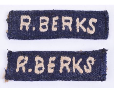 Royal Berkshire Regiment Tropical Shoulder Titles, crudely embroidered R. BERKS in white lettering on black backing with KD r