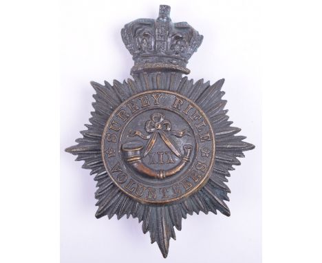 Victorian Surrey Rifle Volunteers Shako Plate, blackened crowned eight pointed star with the crown replacing top point, circl