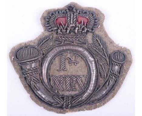 Victorian 1st Northamptonshire Rifle Volunteers Officers Forage Cap Badge, fine bullion embroidered crowned horn bugle with 1