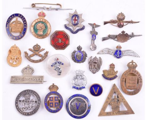 Lapel Badges & Sweetheart Brooches, consisting of brass and enamel London National Reserve lapel badge, brass and enamel Woma