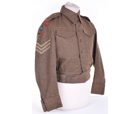 1940 Pattern Pioneer Corps Sergeants Battle Dress Blouse, with green embroidered on red shoulder titles, printed Northern Com