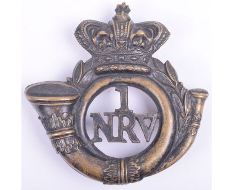 1st Northamptonshire Rifle Volunteers Other Ranks Shako Badge, blackened brass crowned bugle horn with I NRV to centre. Two l