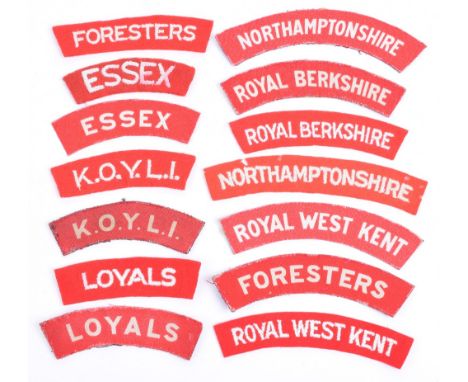 Selection of WW2 British Cloth Shoulder Titles, consisting of printed and embroidered examples of KOYLI, Royal West Kent, For