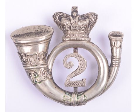 Victorian Rifle Volunteers Shako Badge, white metal crowned bugle with number 2 to the centre. Two lug fittings on the revers