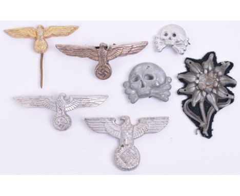 Selection of WW2 German Metal Insignia, consisting of 2x German army cap eagles, Kriegsmarine “Donald Duck” cap eagle with pi
