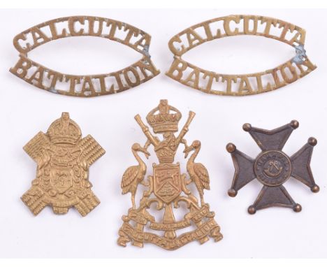 Indian Army Calcutta Battalion Cap Badge & Shoulder Title, cast brass kings crown cap badge with two lug fittings to the reve