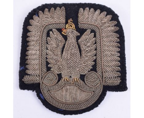 WW2 Polish Air Force Officers Bullion Cap Badge, finely embroidered silver and gold bullion wire example on black cloth backi