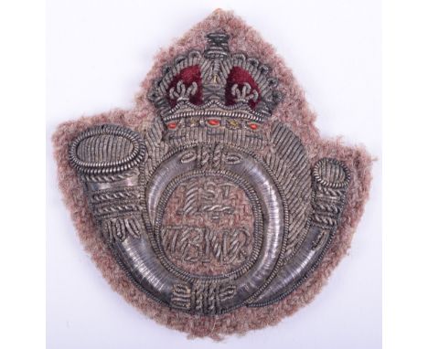 Post 1902 1st Volunteer Battalion Northamptonshire Regiment Officers Forage Cap Badge, bullion embroidered crowned horn bugle