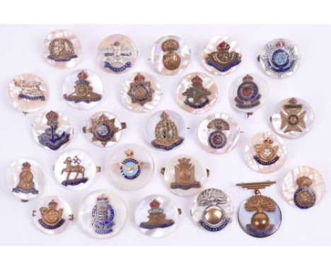 Selection of Sweetheart Brooches, all being brass and enamel regimental badges mounted on mother of pearl circular backings w