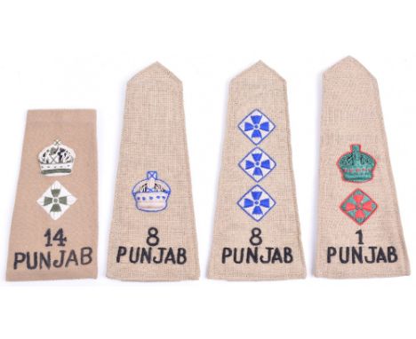 Four WW2 Indian Army Officers Tropical Shoulder Straps, consisting of 1st Punjab regiment Lieutenant Colonel, 8th Punjab Regi
