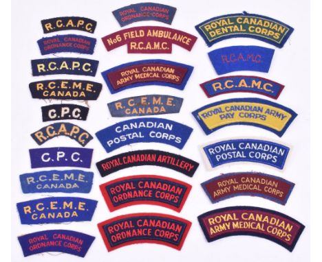 Selection of Canadian Corps Cloth Shoulder Titles, of various periods, including embroidered No6 Field Ambulance RCAMC, embro