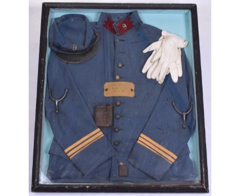 Great War French Artillery Officers Tunic, interesting ex-museum display, framed and glazed horizon blue tunic with miss-matc