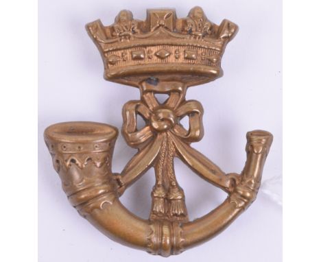 Scarce Victorian Duke of Cornwall's Light Infantry Forage Cap Badge, being an early type brass strung bugle surmounted with a