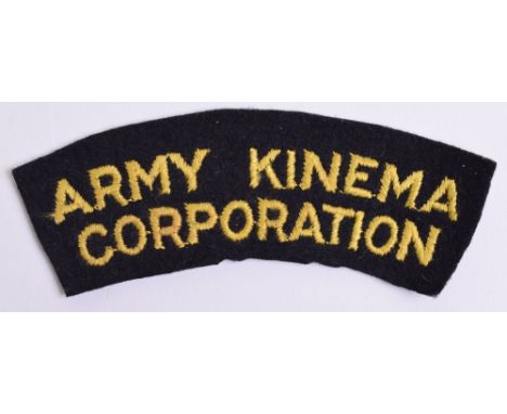 Army Kinema Corporation (Army Kinematograph Service) Cloth Shoulder Title, yellow embroidered lettering on black cloth backin