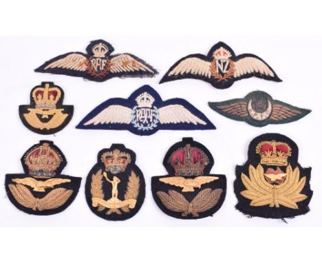 Royal Air Force Pilots Wings & Cap Badges, consisting of WW2 period RAF embroidered padded pilots wing, padded WW2 New Zealan