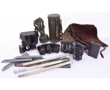 Selection of WW2 German Equipment, consisting of 1940 dated pony fur backpack, pair of black three pouch K98 ammunition pouch