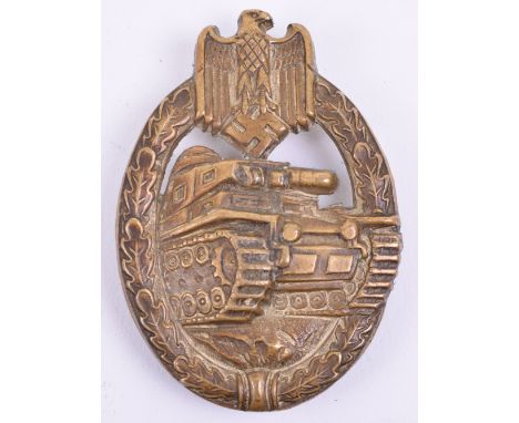 WW2 German Panzer Assault Combat Badge Bronze Grade, being a hollow back tombak example with original pin and catch fixing to
