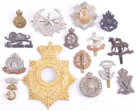 Selection of Various British Badges, including blackened bronze East Surrey regiment cap badge with blade fittings, officers 