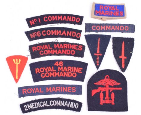 Selection of Royal Marines Commando Cloth Shoulder Titles and Insignia, consisting of embroidered No1 Commando red lettering 