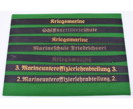 Kriegsmarine Cap Tallies, being a mounted display of seven cap tallies all dating from the WW2 Kriegsmarine period. Consistin