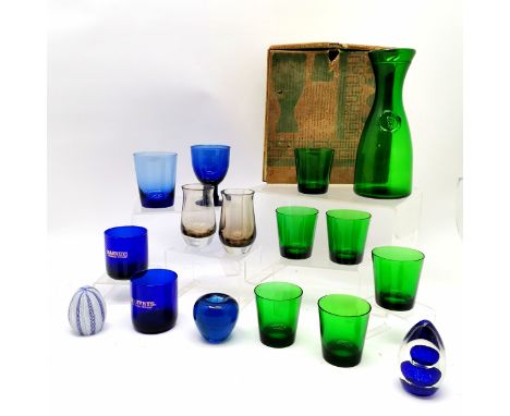 Wedgwood apple paperweight t/w Bristol blue glass etc - goblet 12.5cm high t/w boxed Rustico green glass water carafe + 6 gla