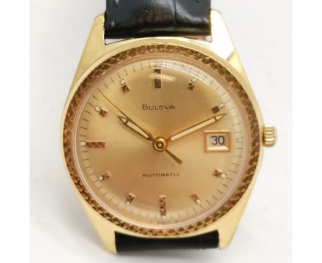 Bulova vintage 10ct rolled gold plated 32mm case - automatic with date aperture and running at time of listing BUT WE CANNOT 