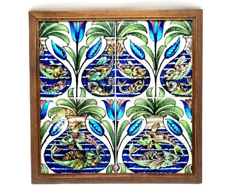 William de Morgan Persian fish bowl framed set of 4 tiles - 34cm square