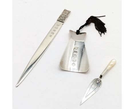 Silver letter opener (15cm) by Carrs, shoehorn by Ari D Norman &amp; trowel bookmark with mother of pearl handle - total weig