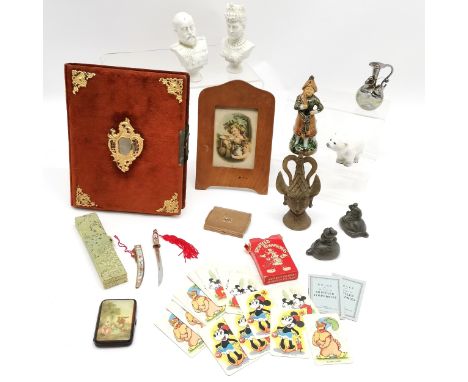 Qty of oddments inc 2 oriental scroll weights, Victorian empty CDV / cabinet card album (27cm x 22cm), bronze Benin style hea