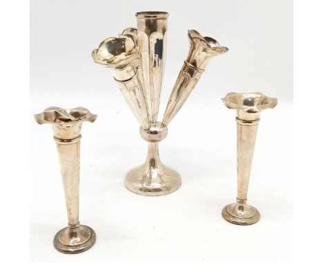 Silver hallmarked epergne (with 3 detachable flutes &amp; 24cm high) t/w pair of spill vases (a/f) - total weight (have loade