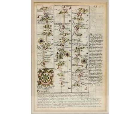 18th century road map with Arms of Fowey &amp; Plymouth and write up of Sherborn (Sherborne), Axminster &amp; Crookhorn (Crew