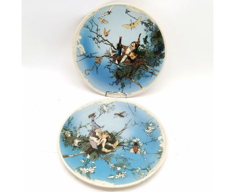 2 x Mettlach Villeroy &amp; Boch chargers #2112/2113 of drinking gnomes with insects etched by H Schlitt - 41.5cm diameter wi