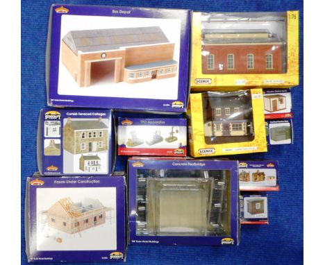 Bachmann 00 gauge buildings. Bus depot.; Concrete footbridge.; House under construction.; Cornish terraced cottages.; Wooden 
