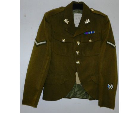 British Army dress uniform khaki green jacket having Compton and Sons and Webb Ltd label "J SOUTAR 25001410 GALLIPOLI" with R