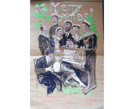 Large painted poster of WW II sailors and a Marine having a Christmas sing song. 52cm x 77cm.