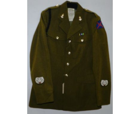 British Army dress uniform khaki green jacket having Bernard Uniforms Ltd (1980 pattern) label with Royal Engineers insignia 