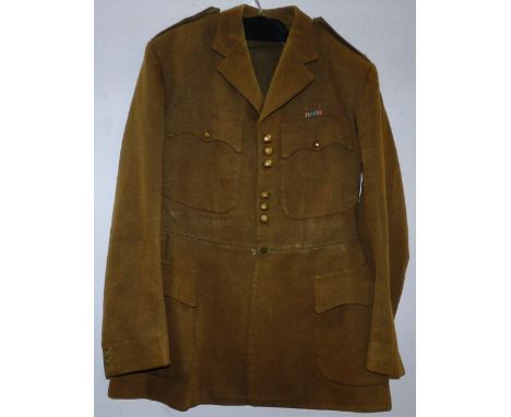 British Army dress uniform khaki green jacket with Maddox of London Scottish Arms brass buttons, epaulettes with single coron