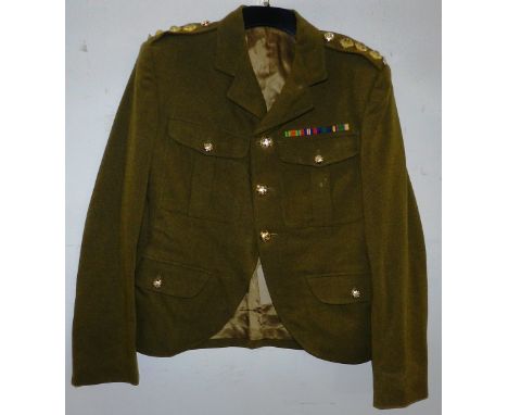 British Army dress uniform khaki green jacket having Harriet and Partners Ltd (Highland 1962 pattern) dated 1963 label with S