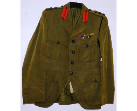 British Army dress uniform khaki green jacket with double star and King's crown to epaulettes (Colonel) and medal ribbons for