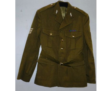 British Army dress uniform khaki green jacket with Alfred Polikoff Ltd label dated 1963 (No2 dress 1962 pattern) with Royal E