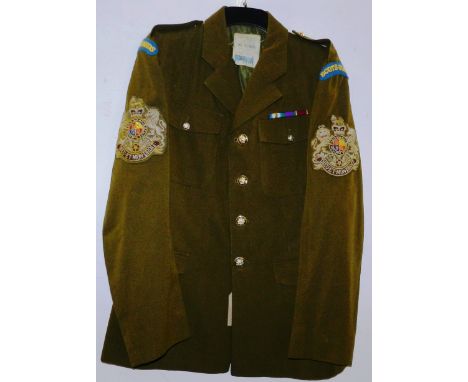 British Army dress uniform khaki green jacket having Compton Sons and Webb Ltd label, Gaunt of London Scottish Arms Staybrite